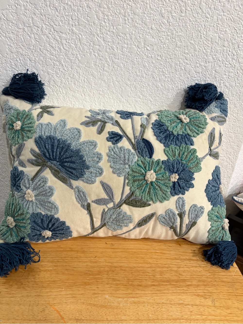 Magaschoni Cream Accent Pillow with Blue and Teal Floral Embroidery and Tassels